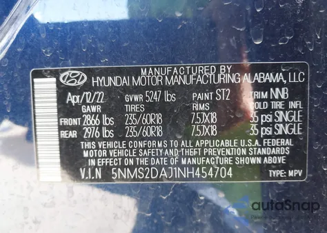 2022 Hyundai Santa Fe Sel z USA, uszkodzony, nr VIN 5NMS2DAJ1NH454704